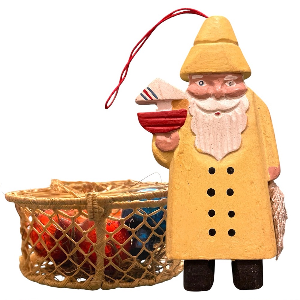 Hand Carved Painted Fisherman & Lobster Trap Christmas Ornaments Lobsterman